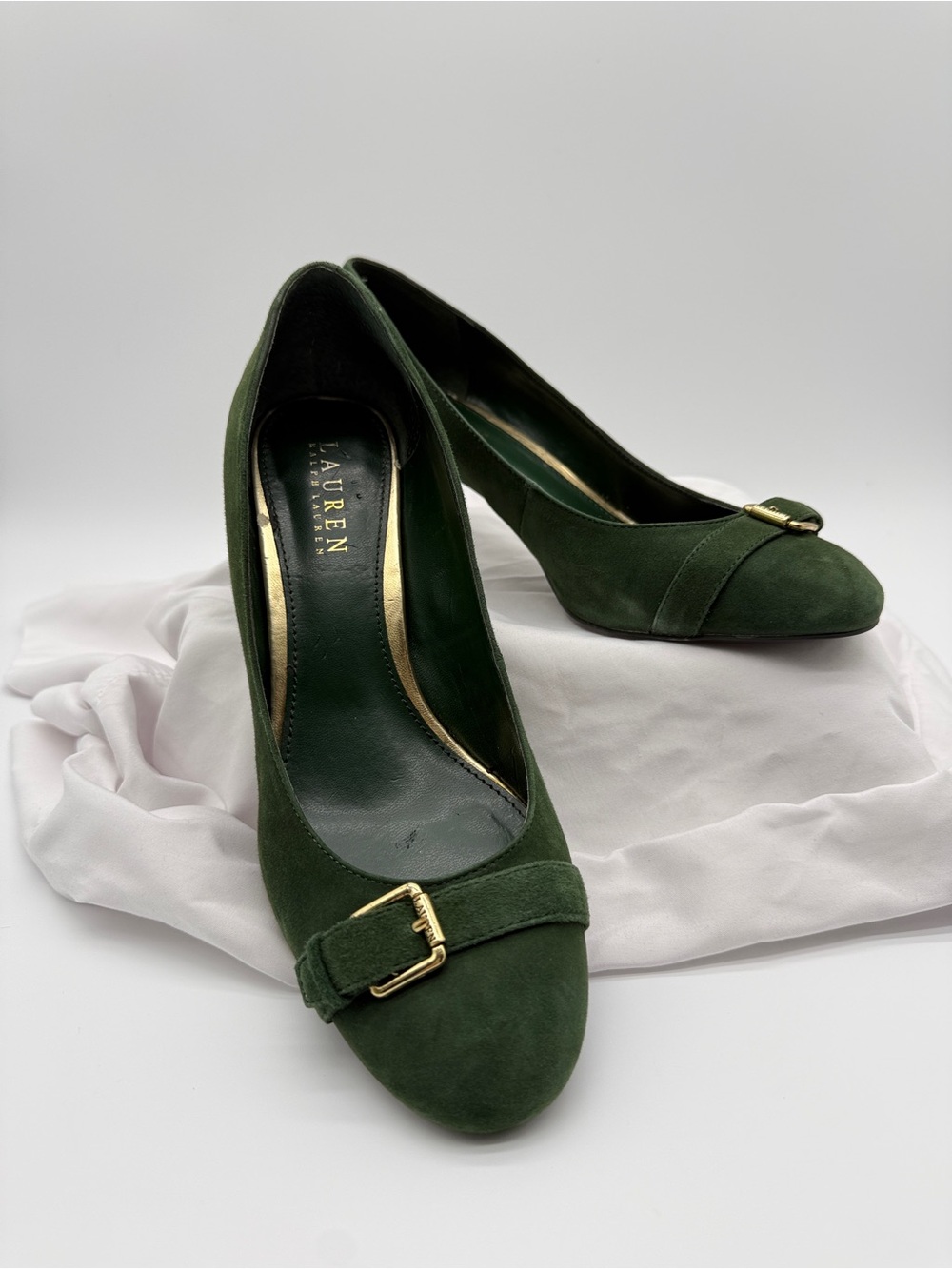 Lauren Ralph Lauren Green Suede Heels Gold Buckle Pumps Size 9.5B Classic